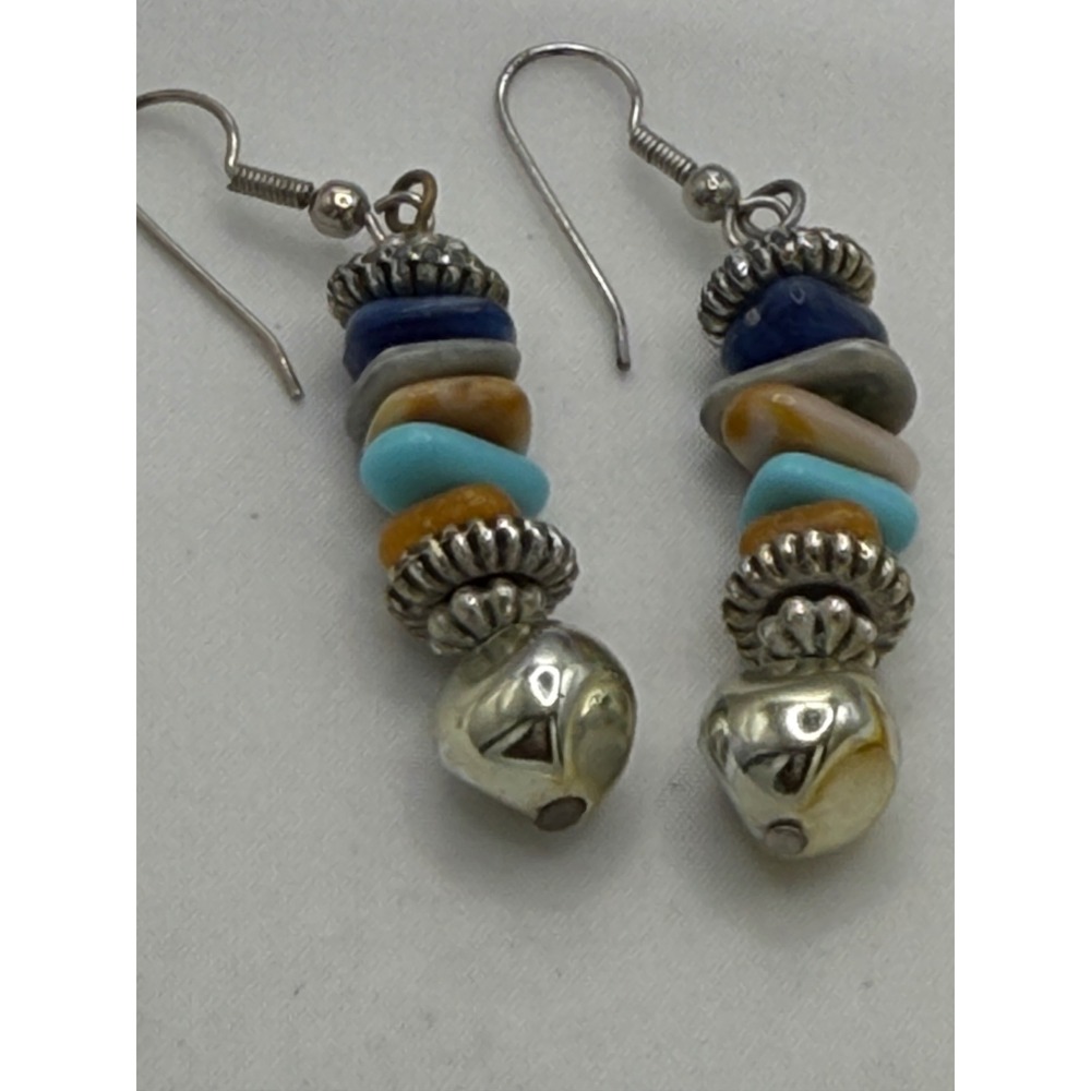 Boho Multicolor Stone Chip Dangle Earrings Silver-Tone Southwestern Drop